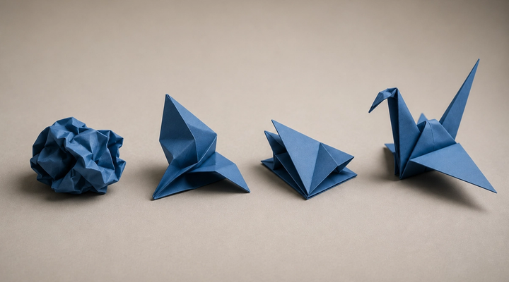 Ein Origami-Kranich, aus einem Blatt gefaltet – Sinnbild für Transformation: aus dem Bestehenden entsteht etwas Neues.