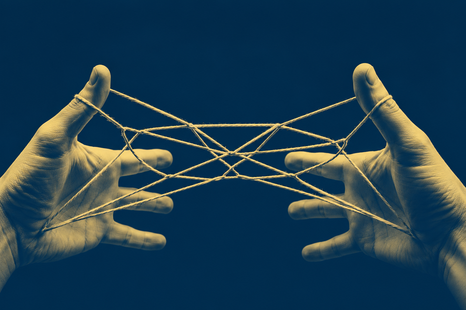 Zwei Hände spannen ein Fadenspiel – ein Netz aus vielen Verbindungen. Sinnbild für die Organisation als System aus Beziehungen und Strukturen.