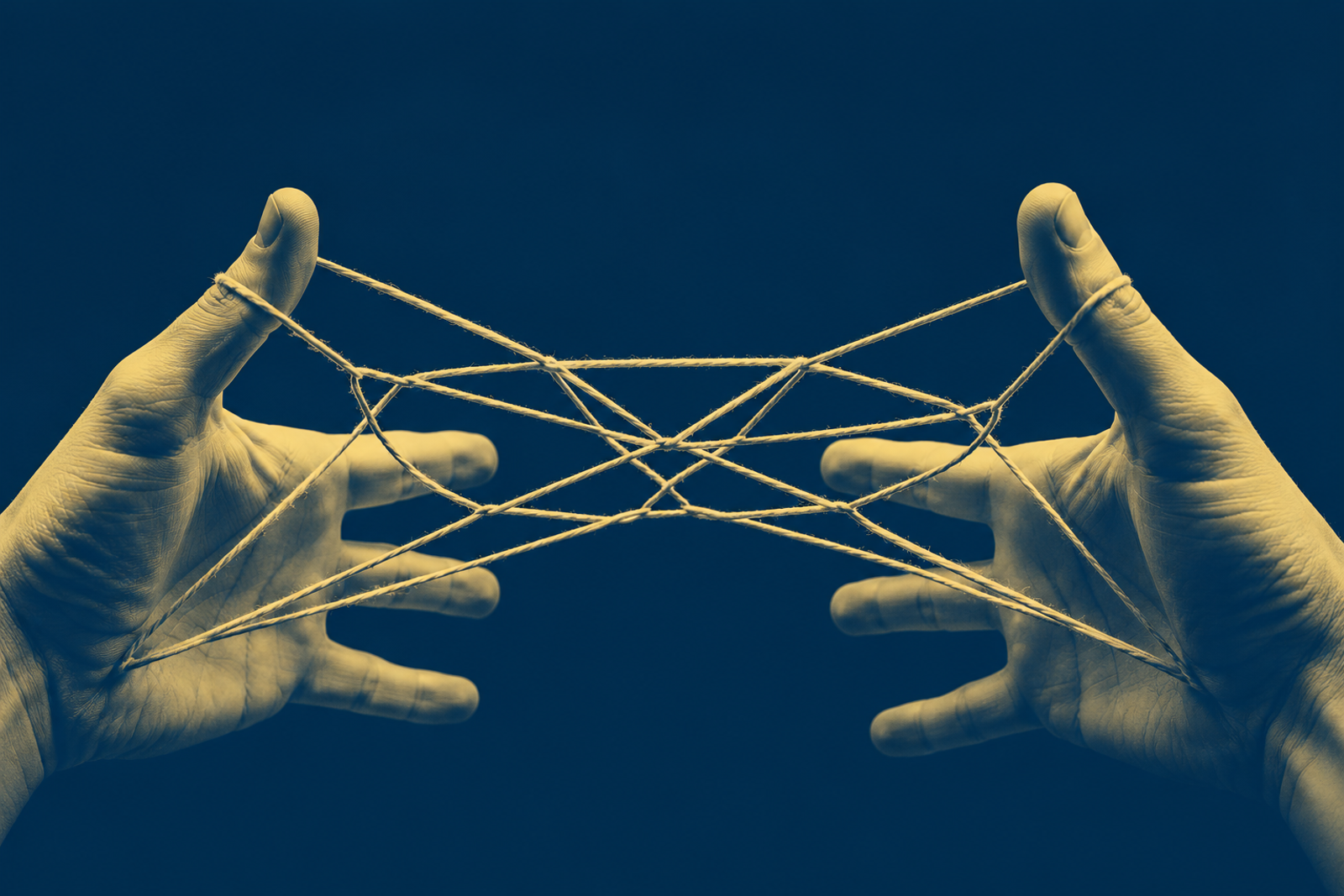 Zwei Hände spannen ein Fadenspiel – ein Netz aus vielen Verbindungen. Sinnbild für die Organisation als System aus Beziehungen und Strukturen.