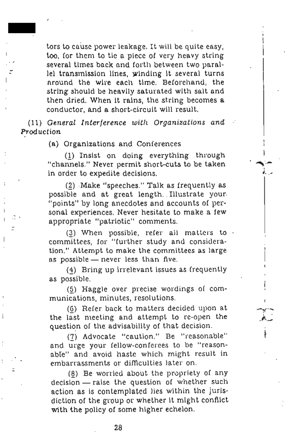 Seite 28 des Simple Sabotage Field Manual von 1944, Abschnitt Organizations and Conferences mit acht nummerierten Regeln