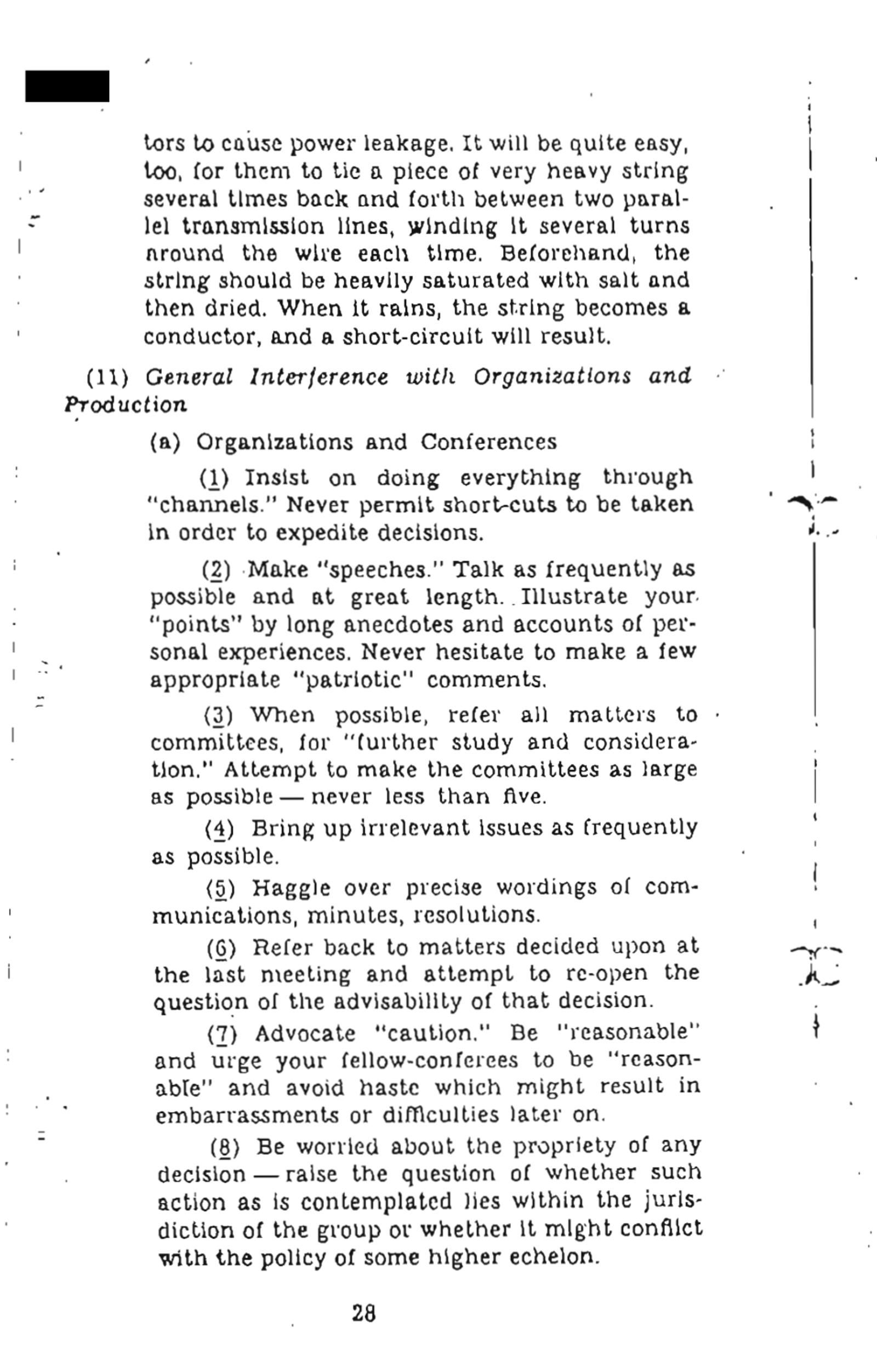 Seite 28 des Simple Sabotage Field Manual von 1944, Abschnitt Organizations and Conferences mit acht nummerierten Regeln