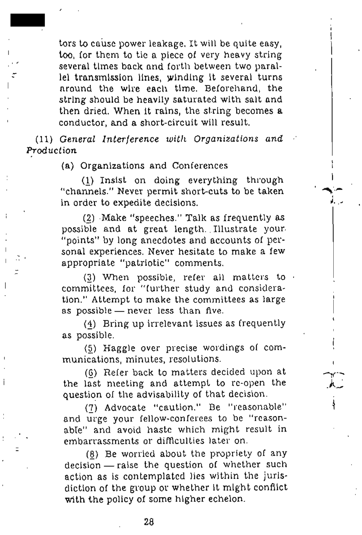 Faksimile Seite 28 des Simple Sabotage Field Manual, Abschnitt „Organizations and Conferences"
