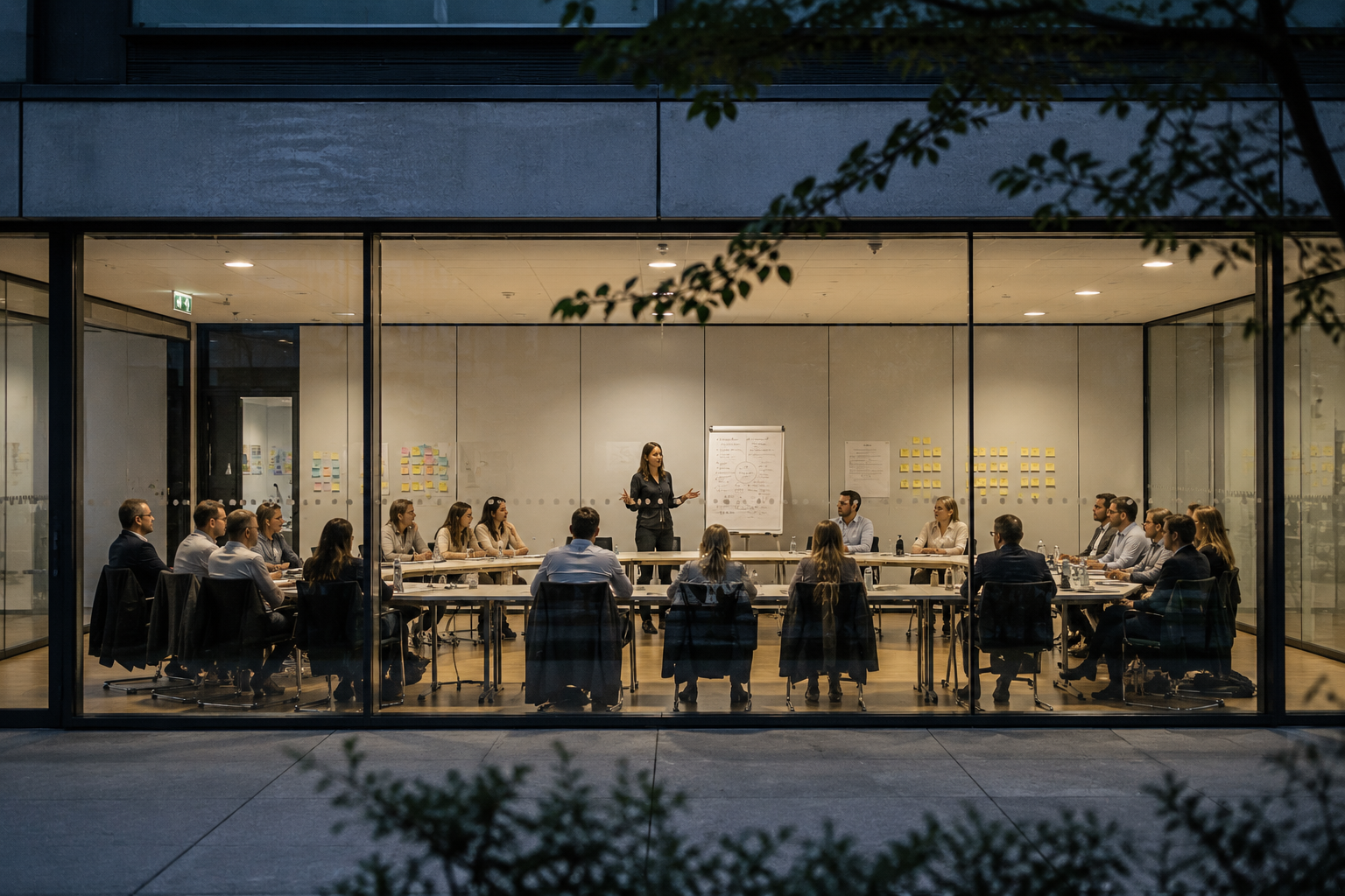 Workshop-Moderation: Gruppe im Meeting an einem Whiteboard