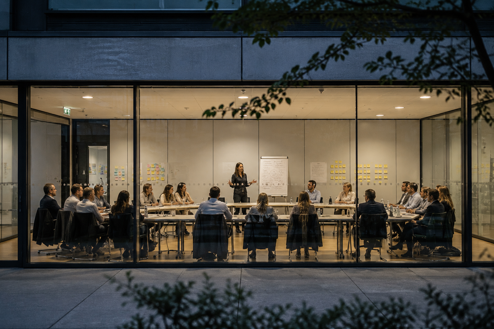 Workshop-Moderation: Gruppe im Meeting an einem Whiteboard