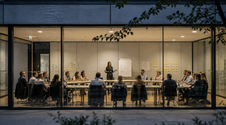 Workshop-Moderation: Gruppe im Meeting an einem Whiteboard