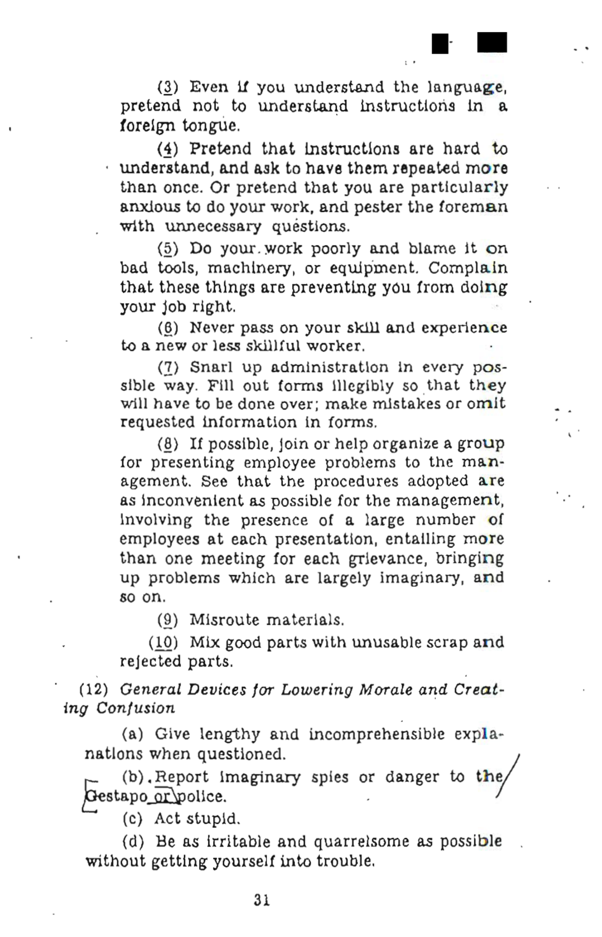 Faksimile Seite 31 des Simple Sabotage Field Manual, Abschnitt „Employees" und „General Devices for Lowering Morale"