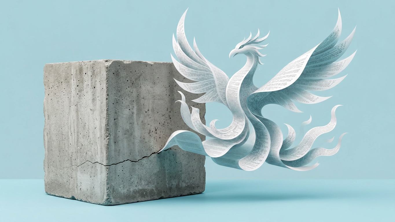 Ein Phönix aus beschriebenem Papier erhebt sich aus einem aufgebrochenen Betonblock – Sinnbild für Veränderung.