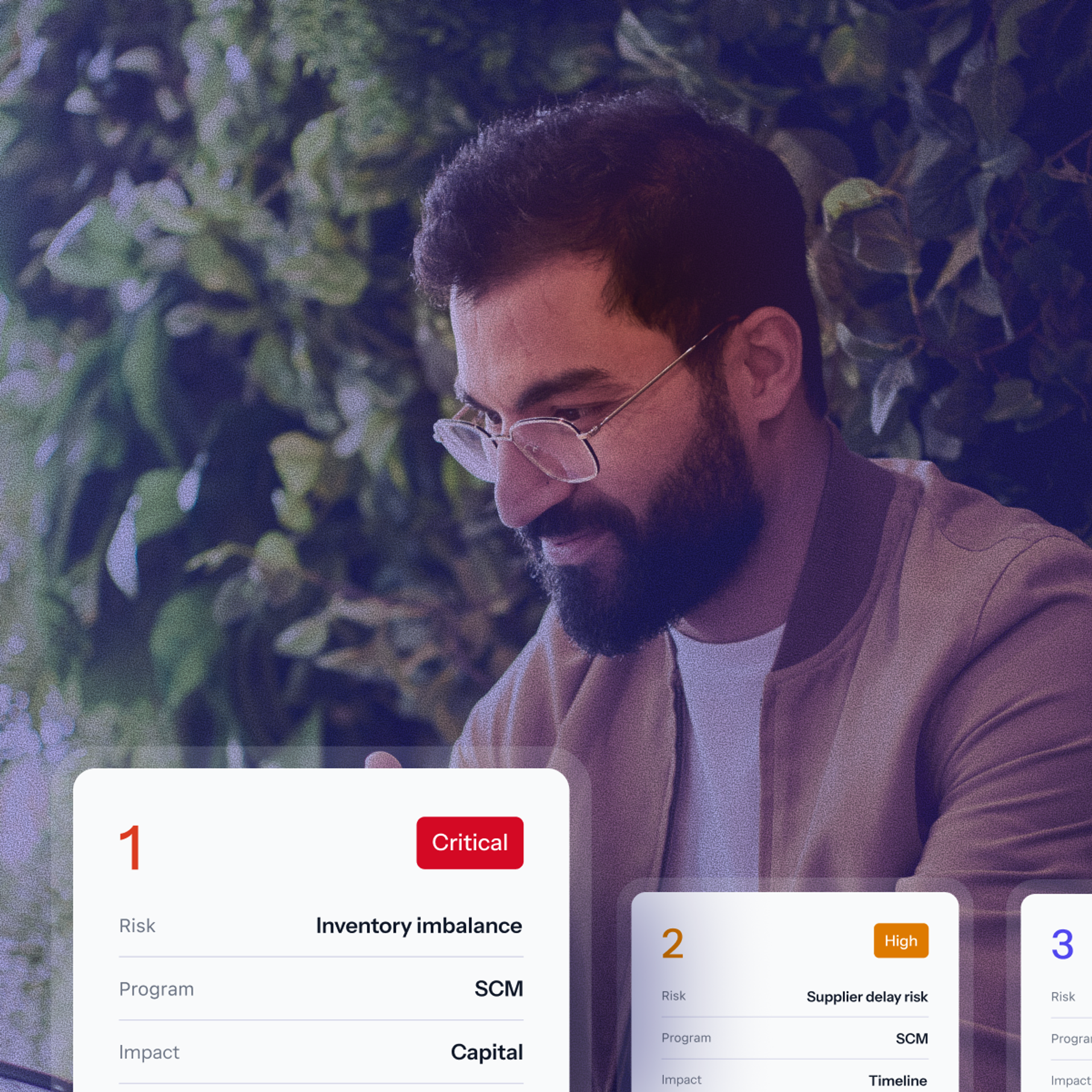 Man reviewing risk assessment with critical resource availability and budget overrun risks. Project timeline.