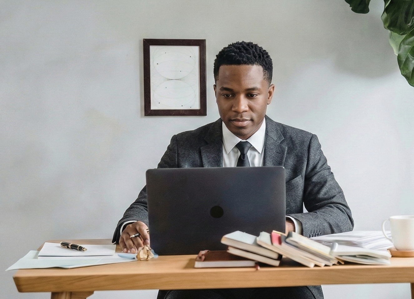 Man working on a laptop in a modern office. Yellow sweater, productivity, and desk setup.