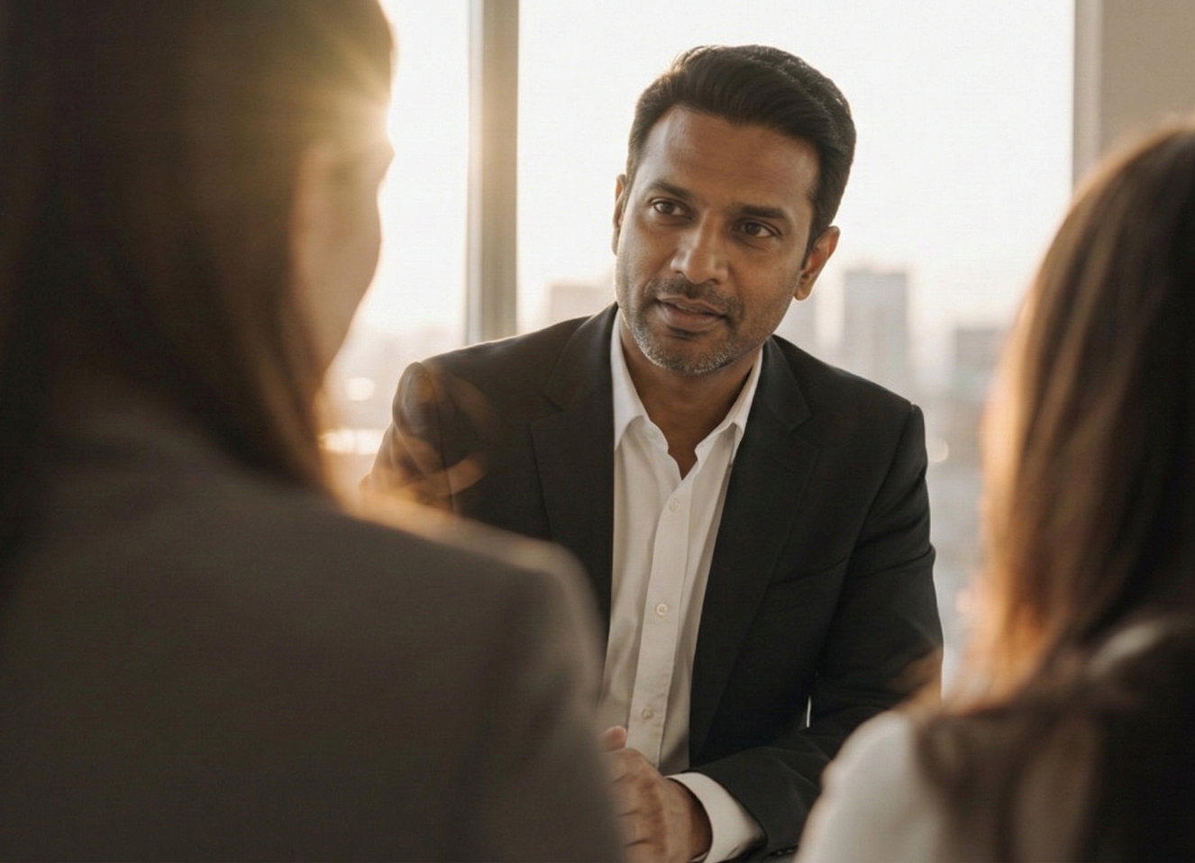 Businessman in a suit in a meeting. Professional setting, discussion, executive meeting.