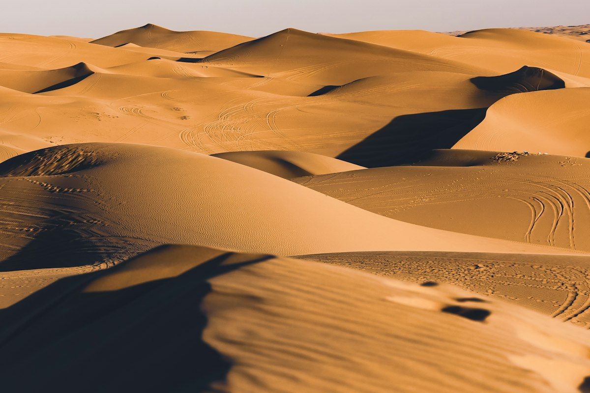 Sand dunes with long shadows