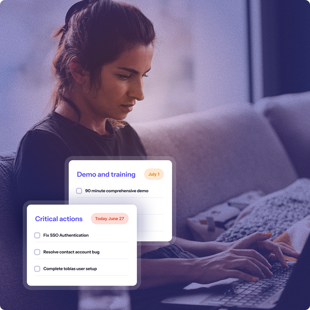 Woman working on laptop, with critical actions list: Fix SSO, resolve bugs, and complete user setup. Software management.