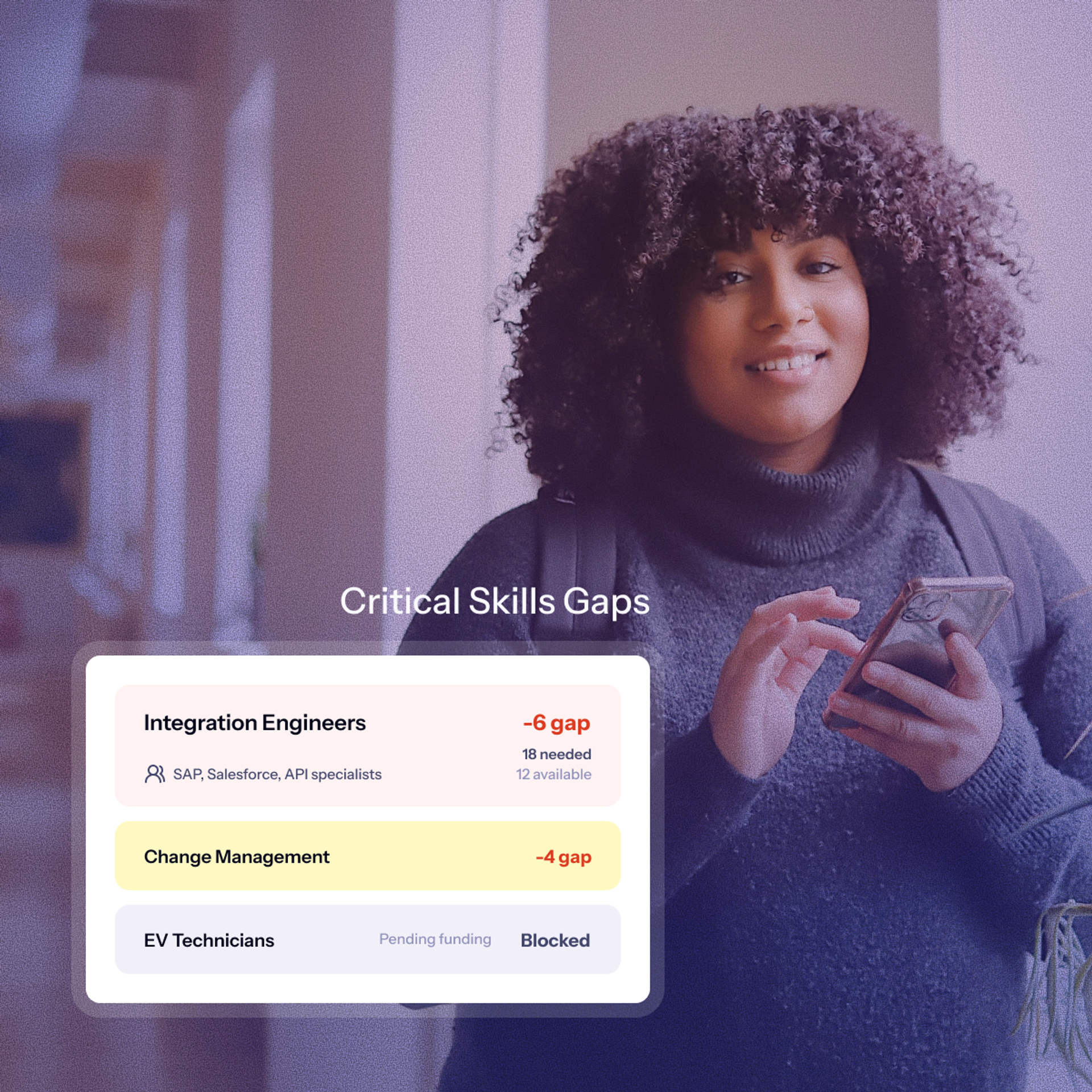 Critical skills gap report. Shows a need for Integration Engineers and Change Management with a hiring analysis.