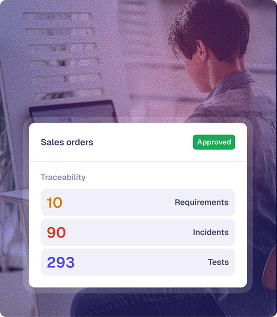 Sales order details: Approved with 10 requirements, 90 incidents, and 293 tests. Traceability.
