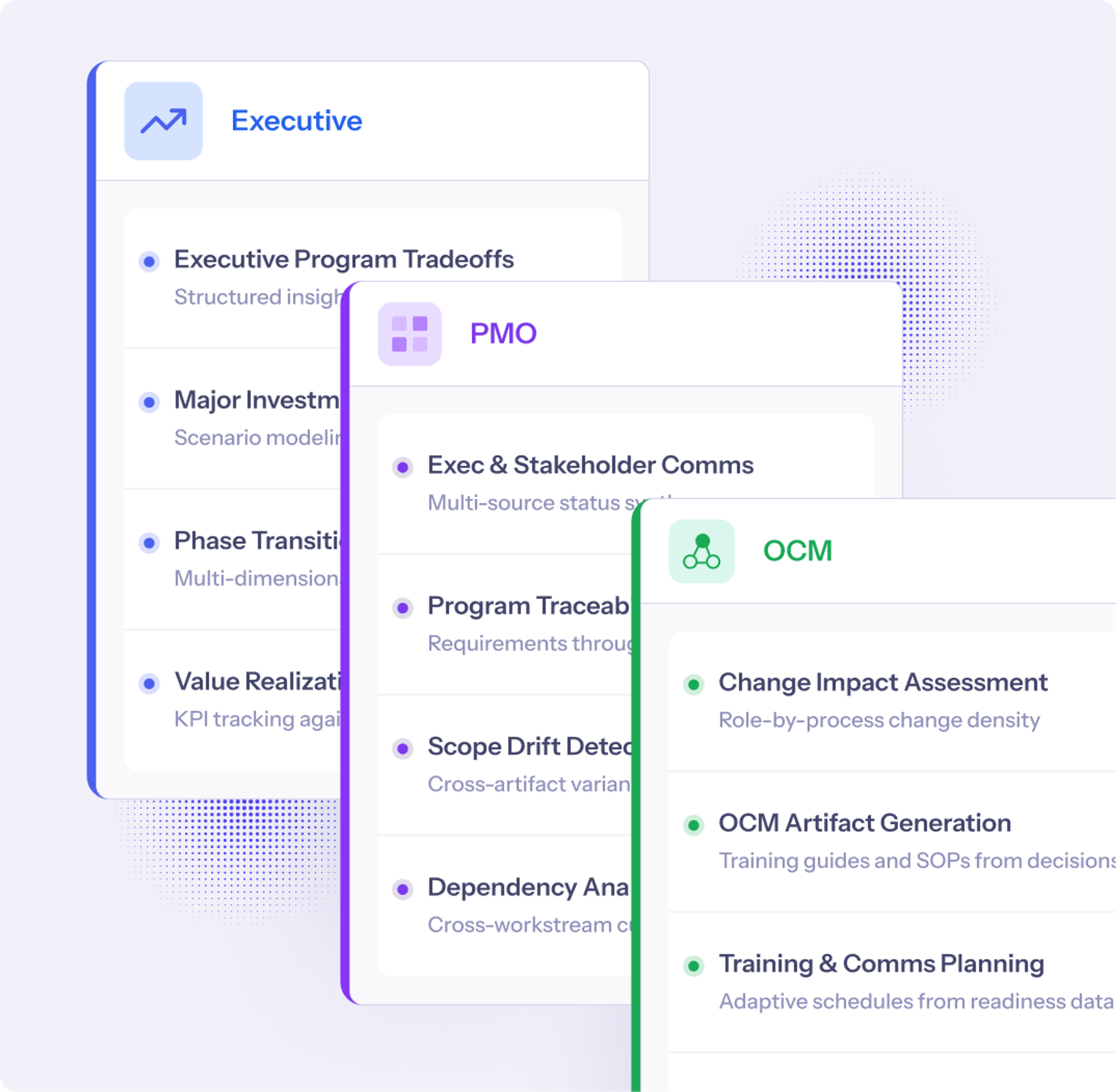 Project management process steps for Executive, PMO, and OCM teams. Phase transition, change impact mapping, and artifact generation.