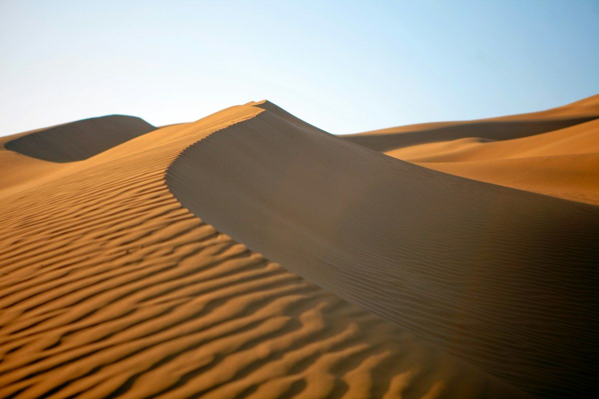 Sunlit sand dune with rippled texture