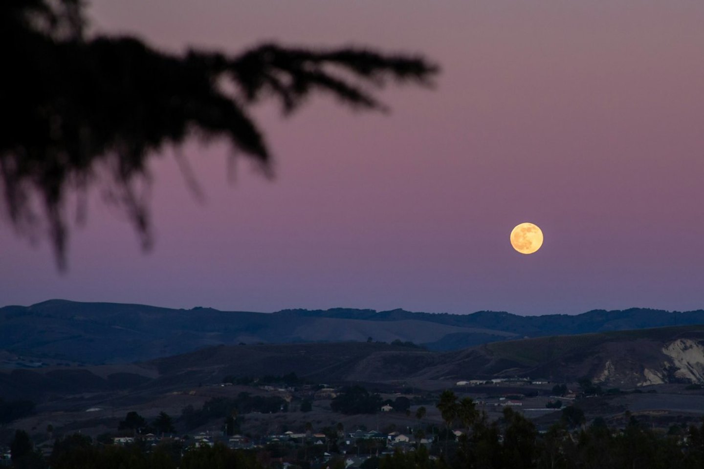 Full moon rising over a darkened hillside at dusk