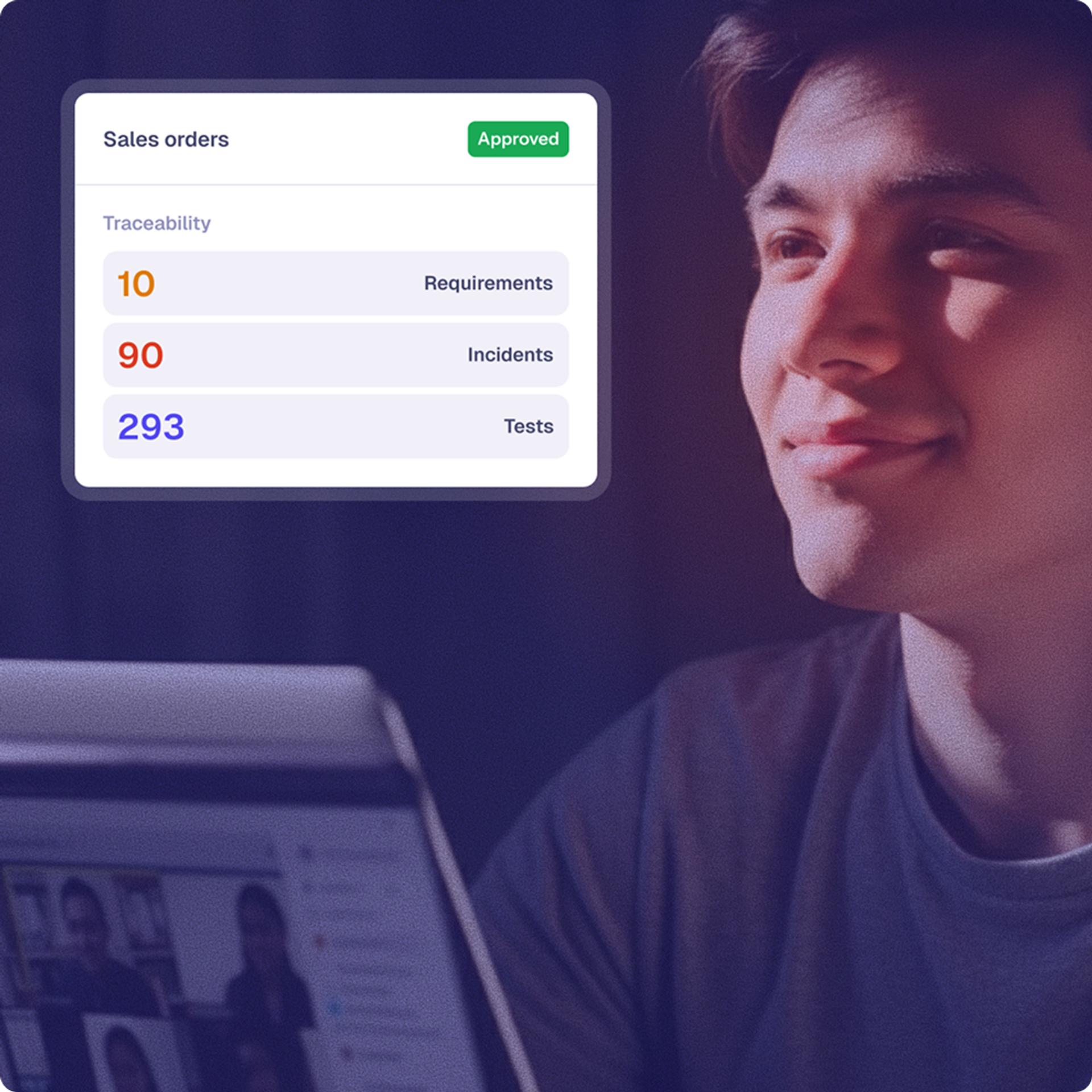 Sales order report approved: 10 requirements, 90 incidents, and 293 tests. Software, compliance.