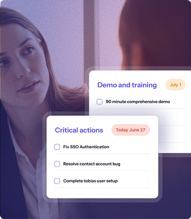 Woman with a dashboard of "Critical actions" including SSO fix, bug resolution, and user setup tasks.