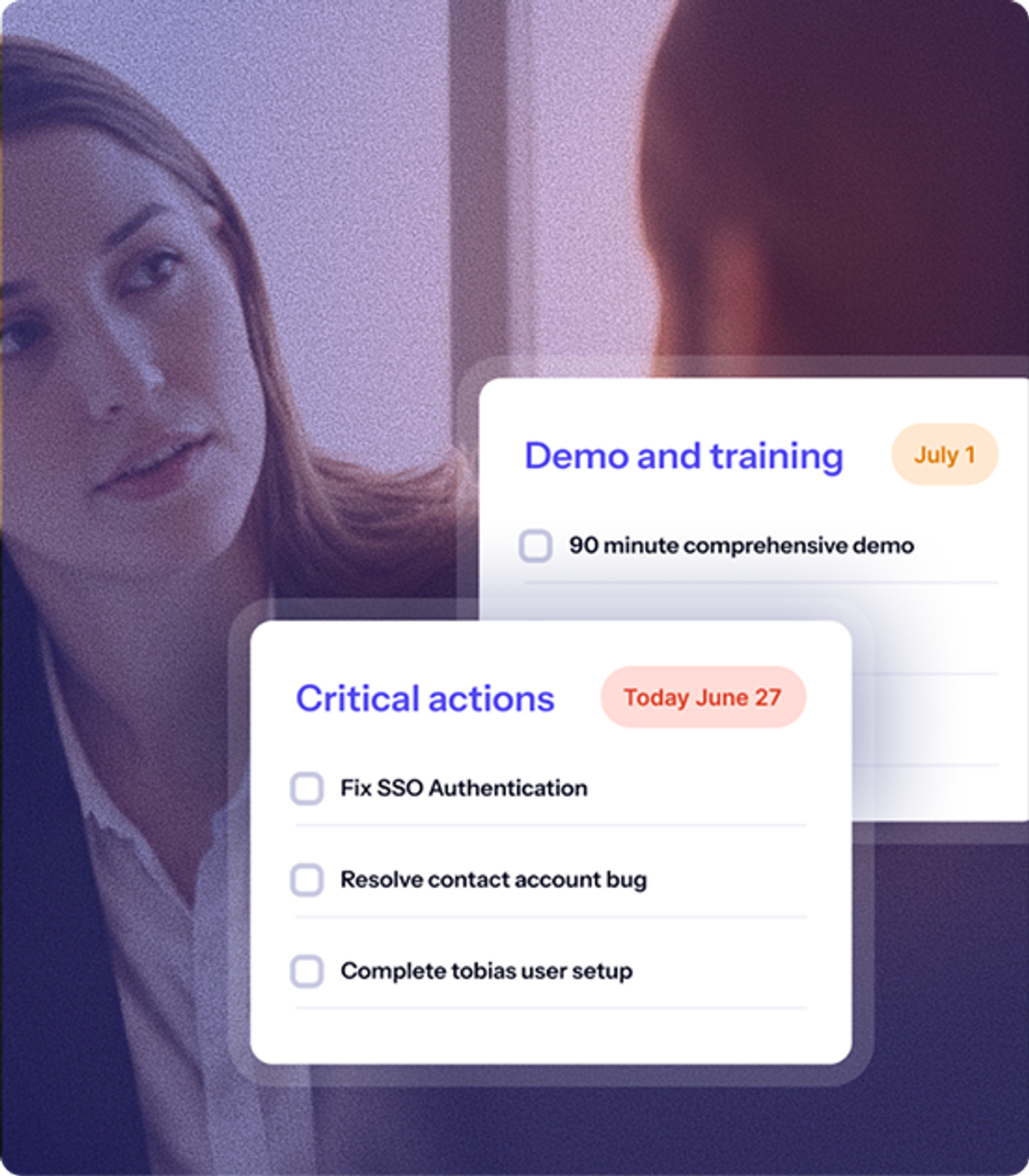 Woman with a dashboard of "Critical actions" including SSO fix, bug resolution, and user setup tasks.