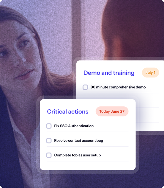 Woman with a dashboard of "Critical actions" including SSO fix, bug resolution, and user setup tasks.