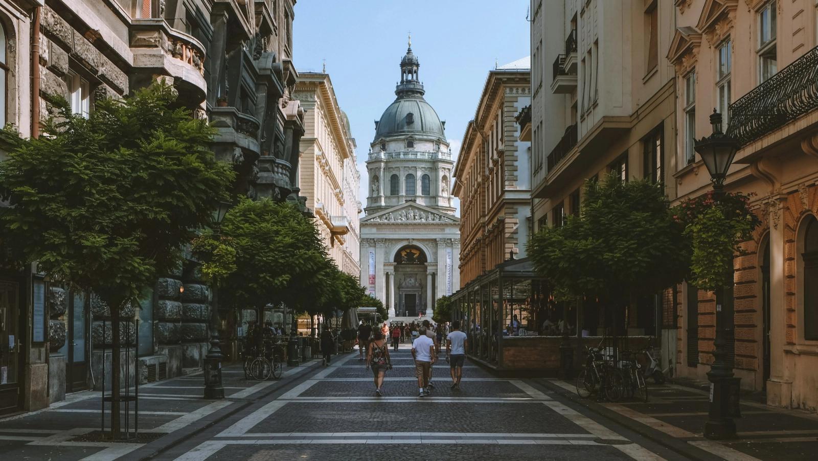 A lively pedestrian street in central Pest, Budapest, on a summer day