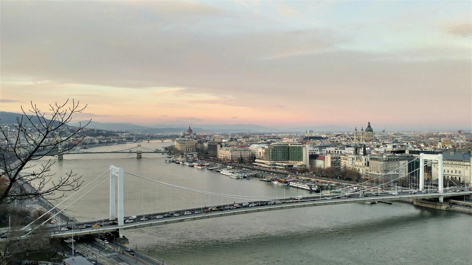View over the Danube to the Pest skyline of Budapest with the Elisabeth Bridge, Parliament and St Stephen's Basilica