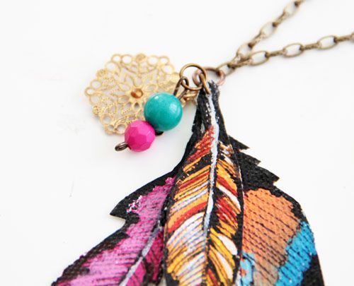Necklace with painted fake feathers