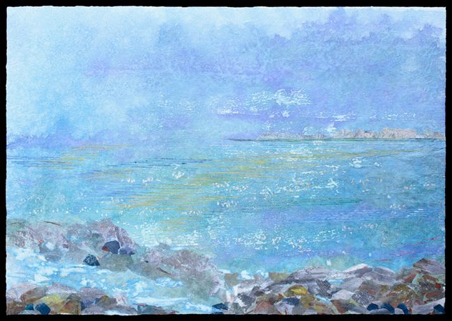 Work on synthetic canvas with stitches and various collages