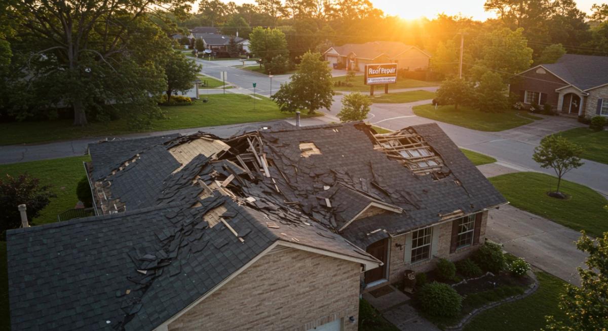 Broken roof with a sign on the street for roof repair