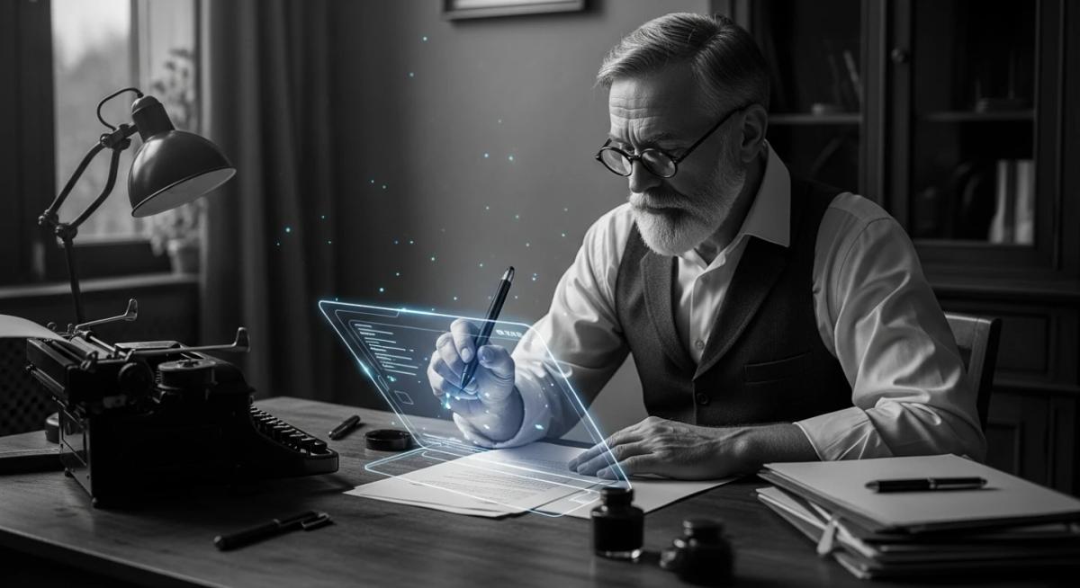 Old style writer using a holographic writing tablet