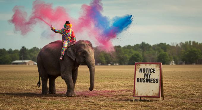 Clown on elephant with colourful smoke, next to a sign saying "notice my business"