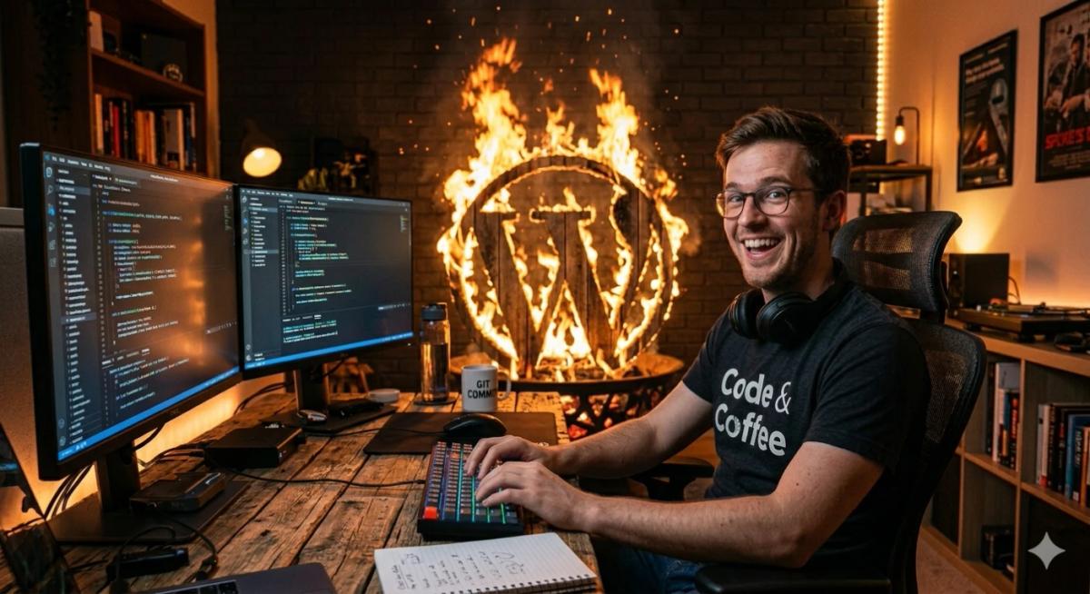 Developer working on desktop coding with Wordpress burning in the background