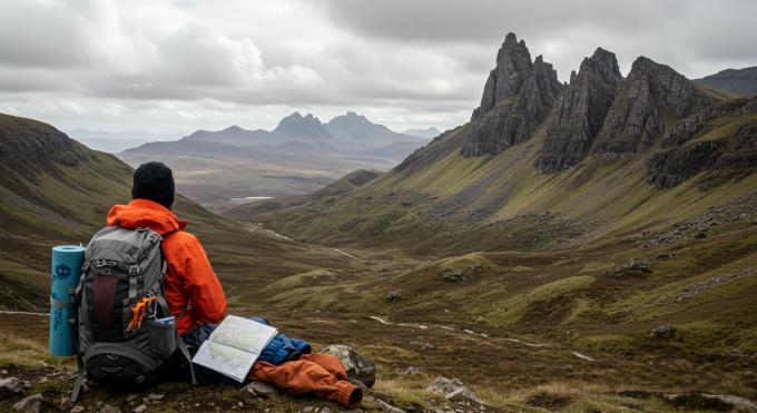 Someone sitting before a mountainous landscape with compass and map