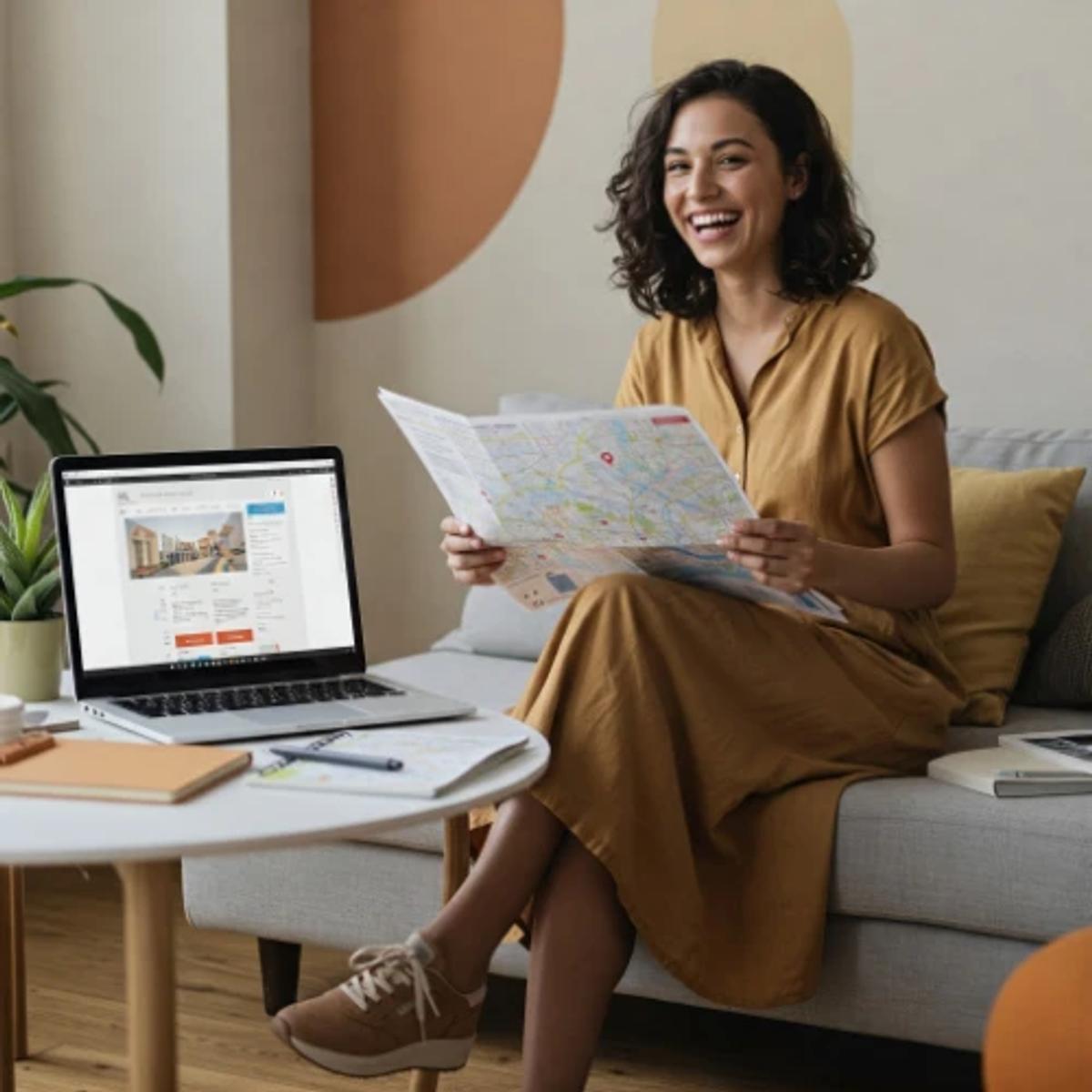 Woman holding map next to computer