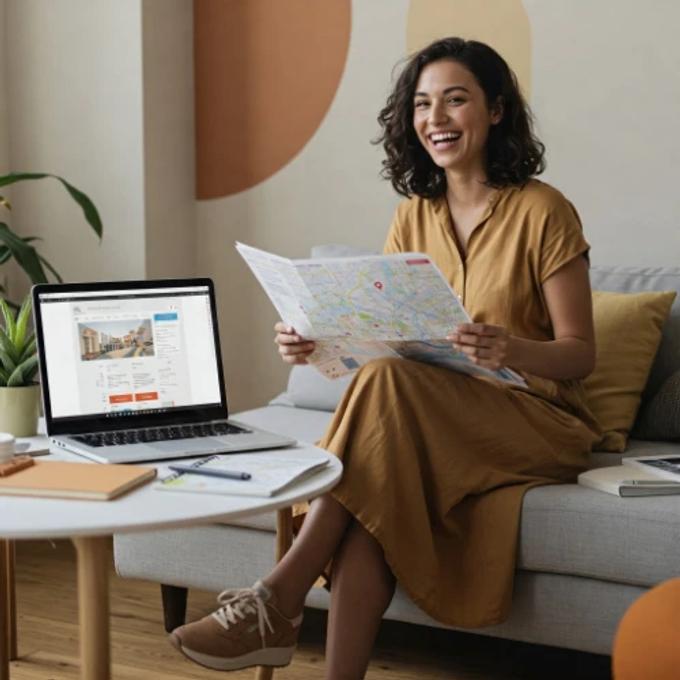 Woman holding map next to computer