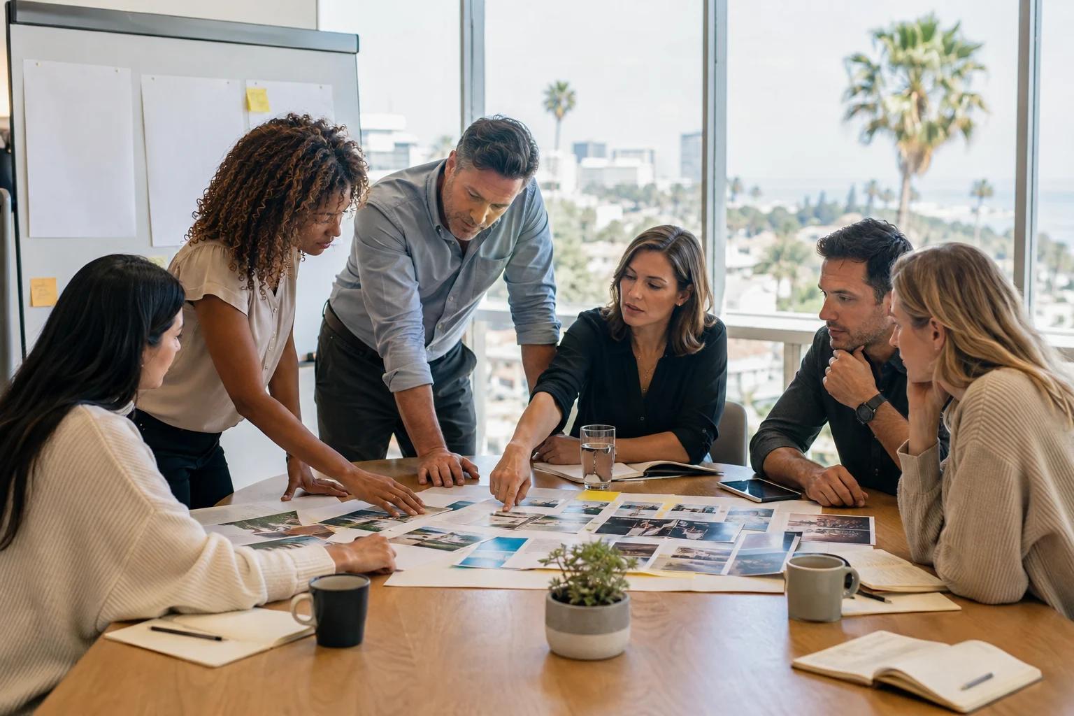 Corporate event planners compare team-building company proposals around a modern meeting table