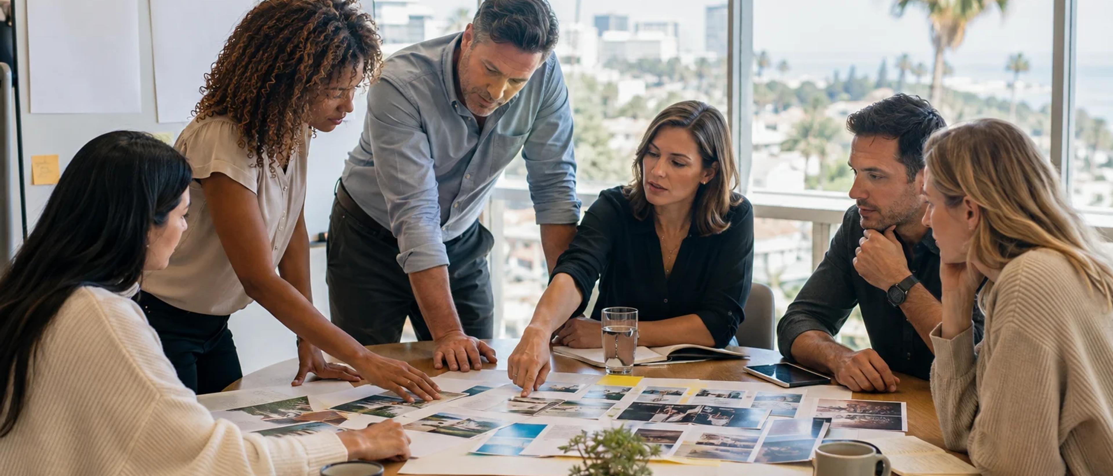 Corporate event planners compare team-building company proposals around a modern meeting table