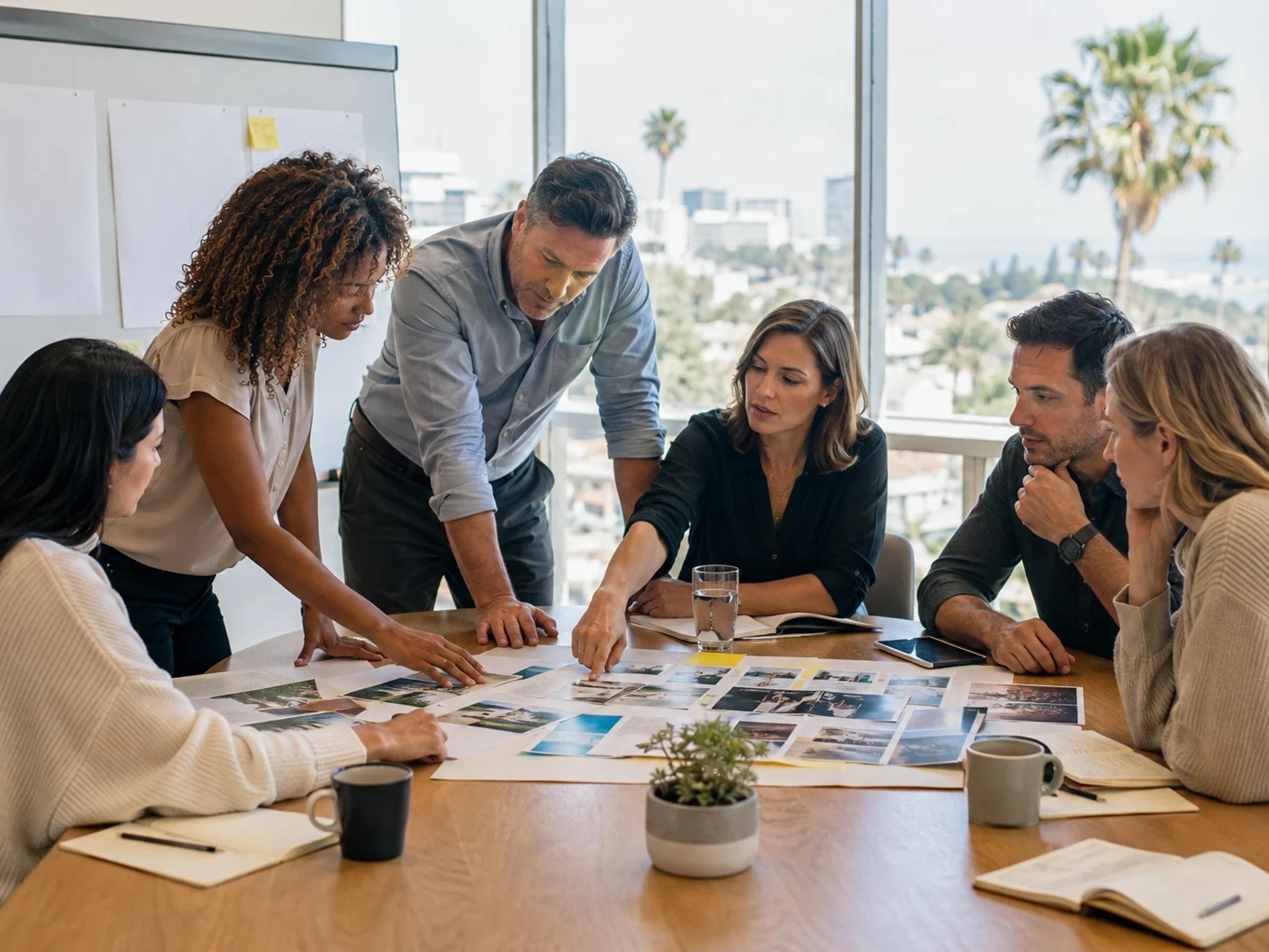 Corporate event planners compare team-building company proposals around a modern meeting table