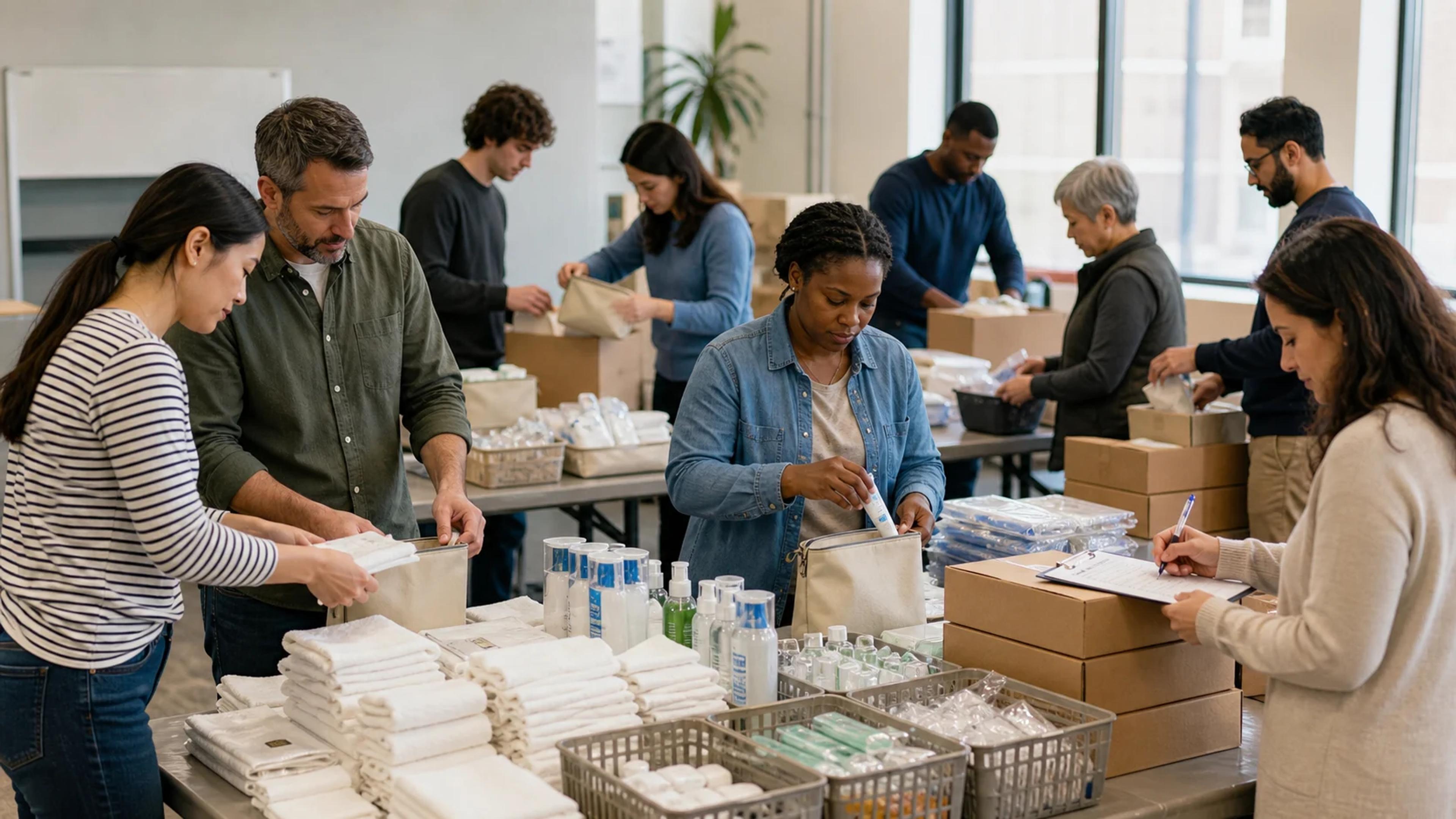 A workplace team assembles useful care kits at organized tables