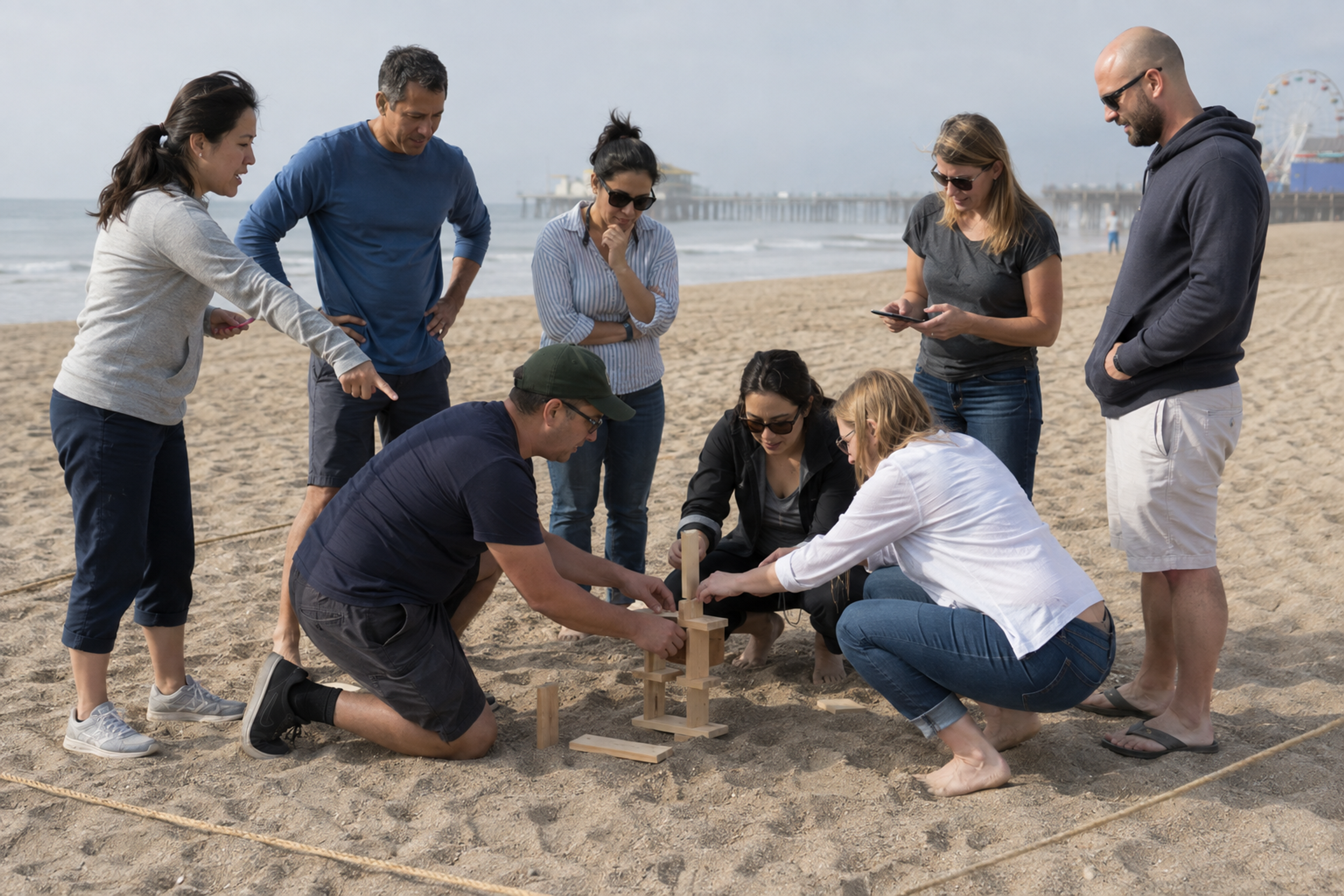 Adult coworkers solve a communication challenge with wooden pieces on Santa Monica beach