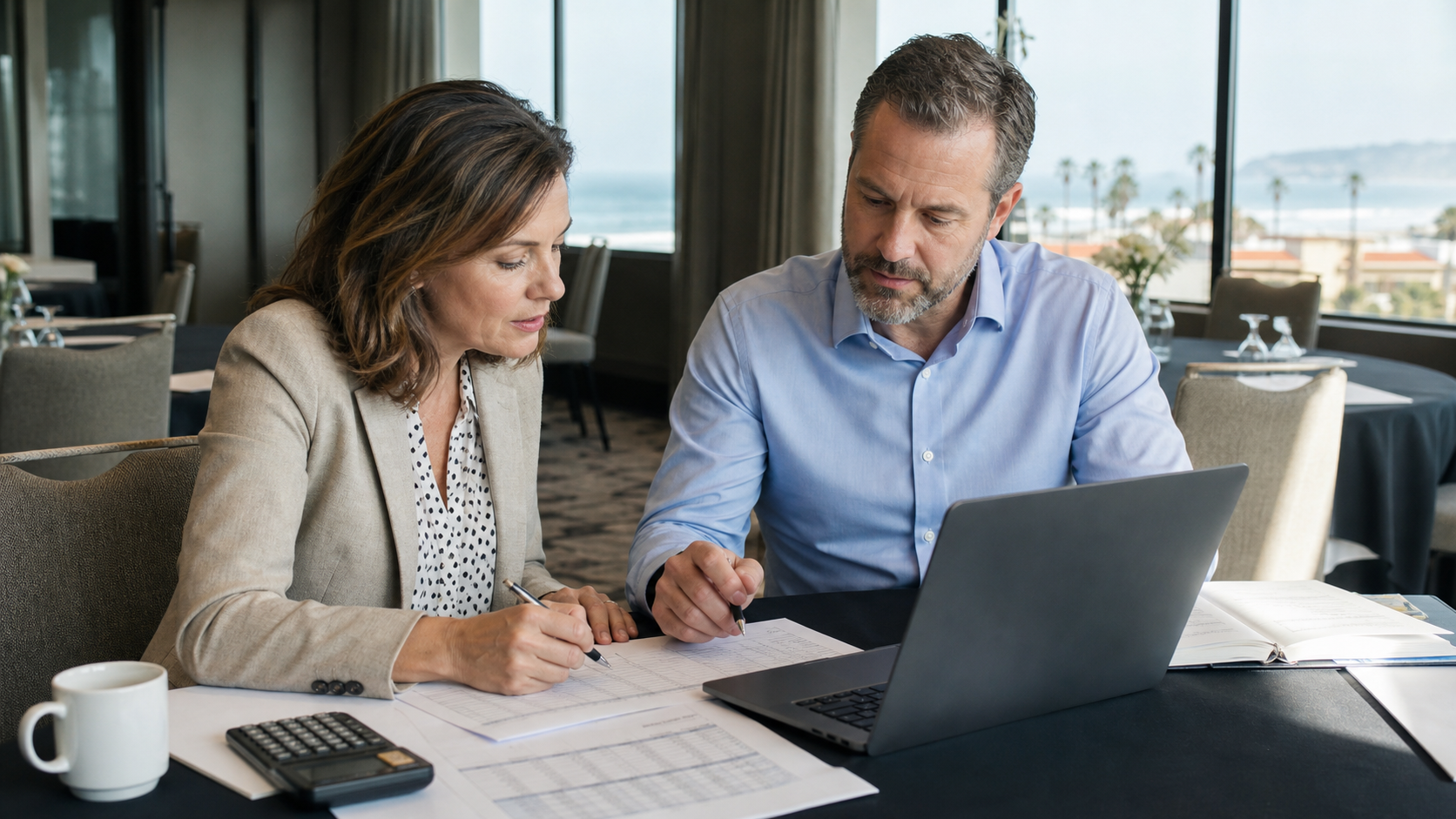 An event planner and finance partner review a corporate offsite budget in a San Diego meeting venue