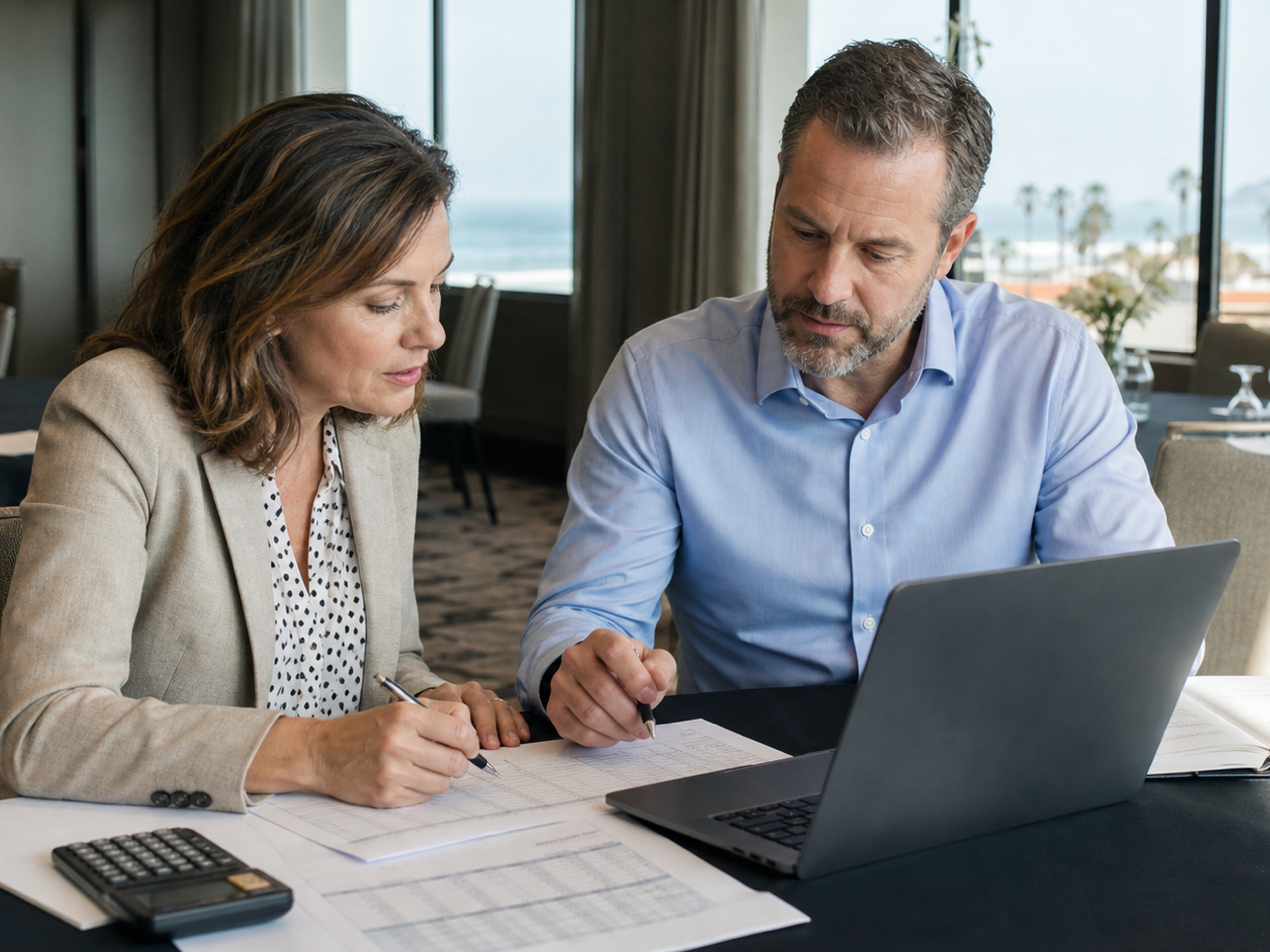 An event planner and finance partner review a corporate offsite budget in a San Diego meeting venue