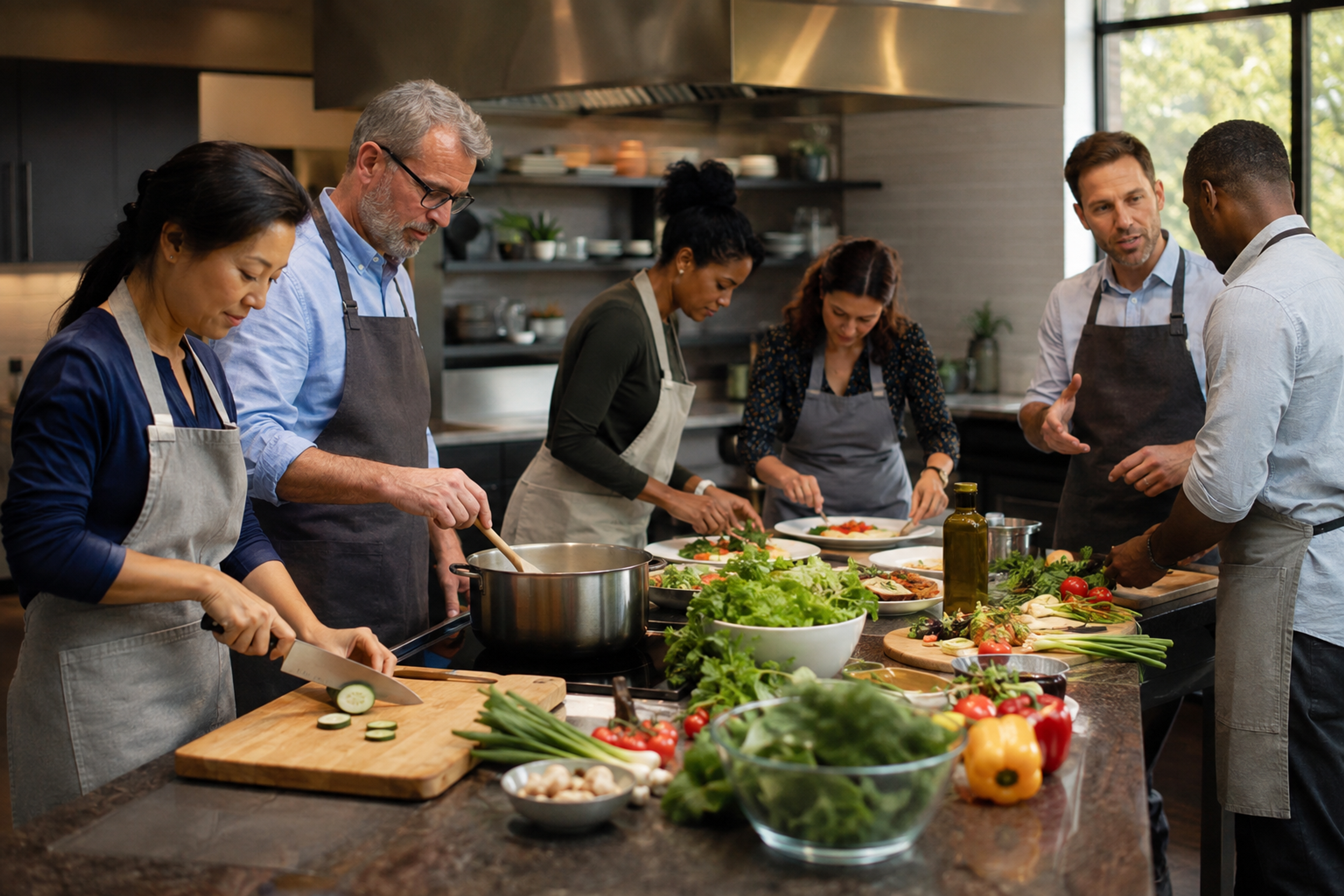 Coworkers divide tasks while preparing a shared meal in a teaching kitchen