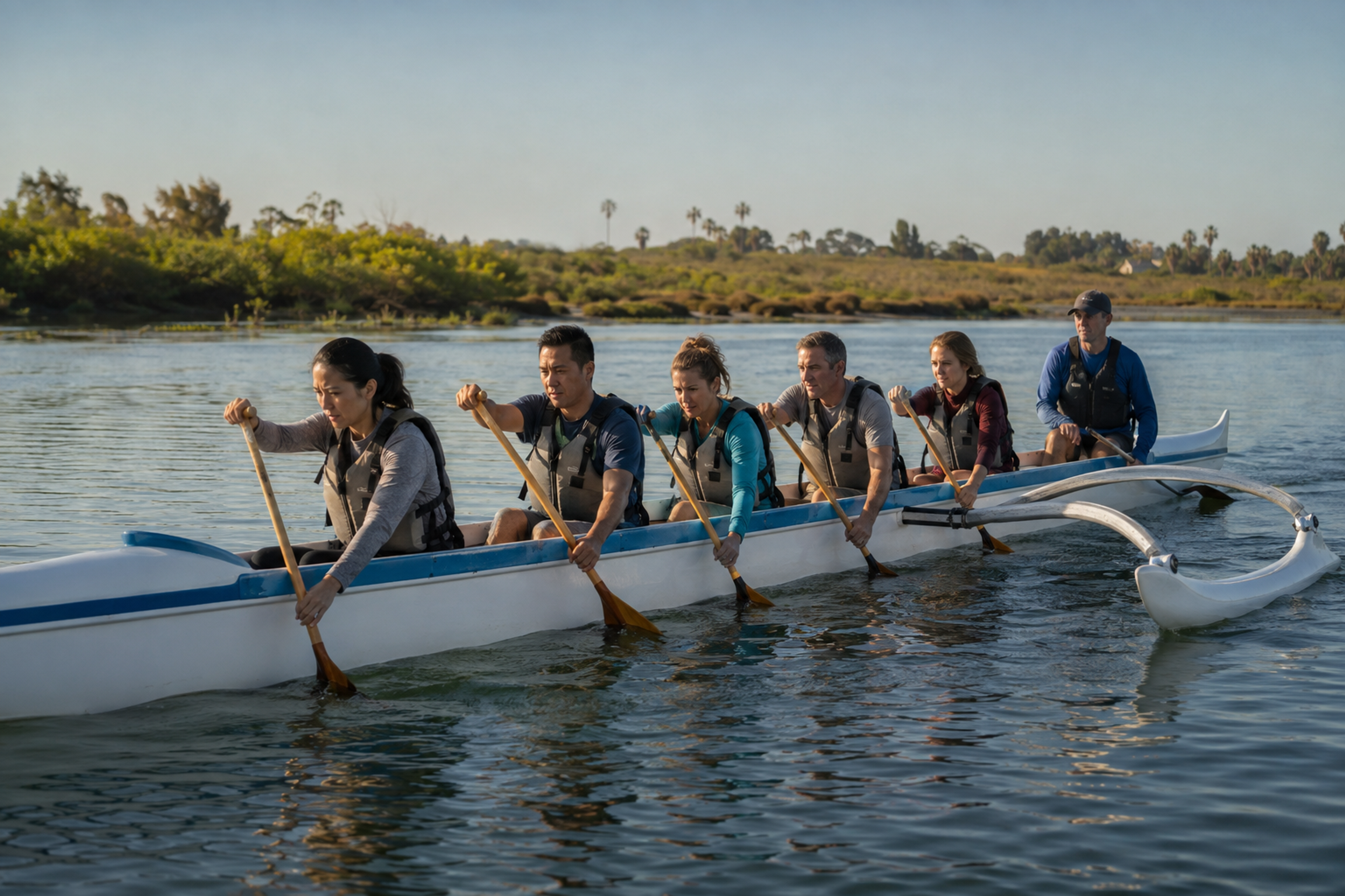 A corporate team paddles an outrigger canoe in coordinated rhythm on calm coastal water