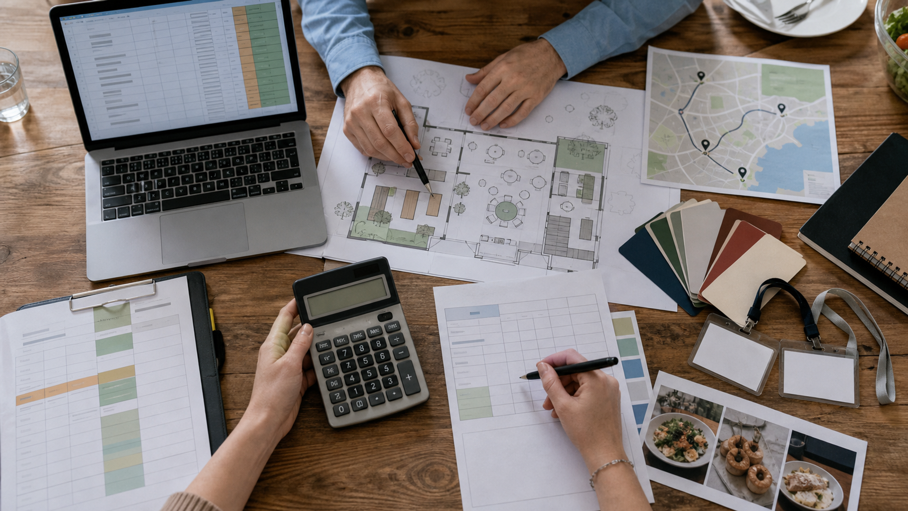 Event planners compare venue, catering, transport and production costs