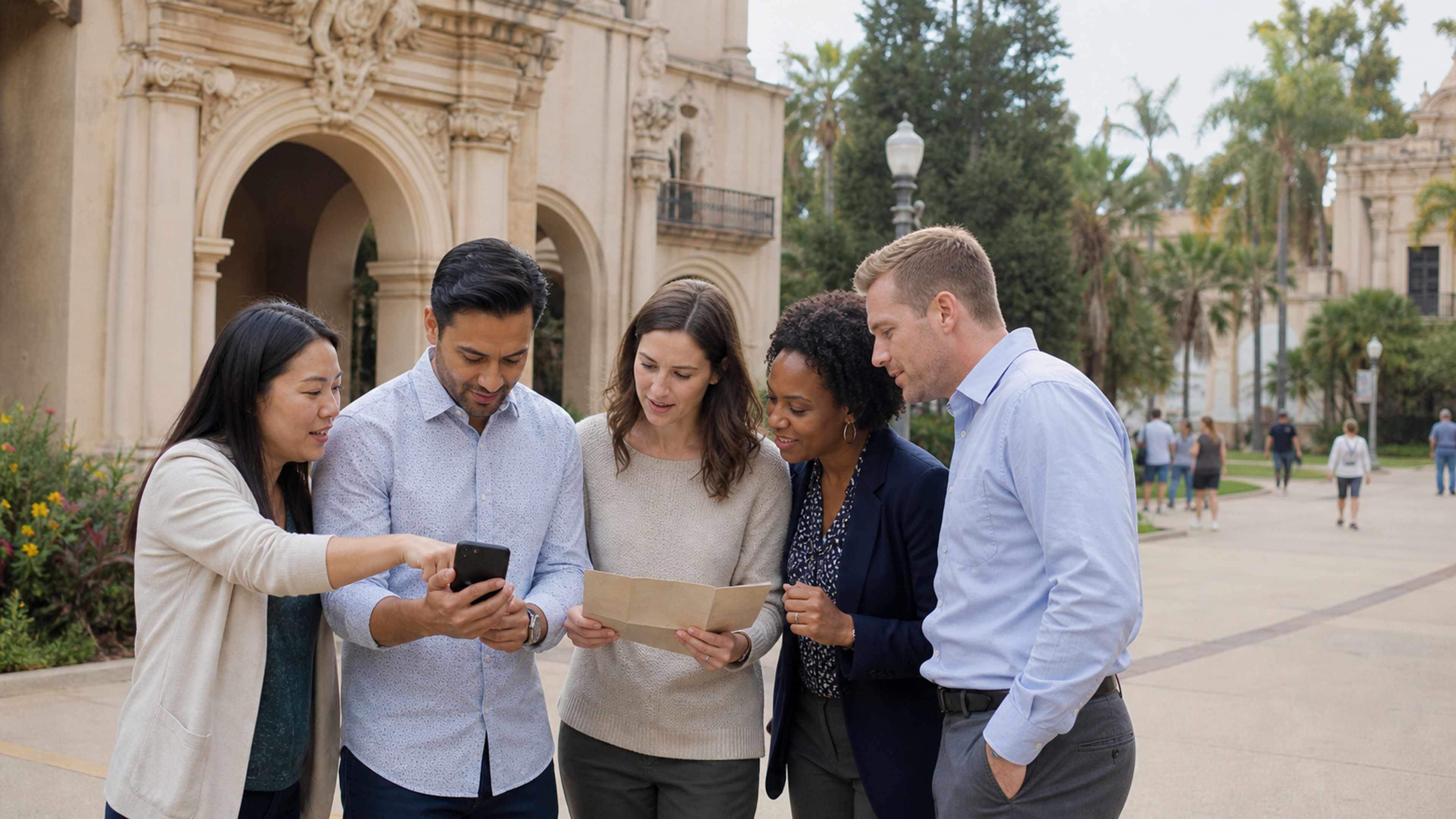 Coworkers compare observations during a Balboa Park team challenge