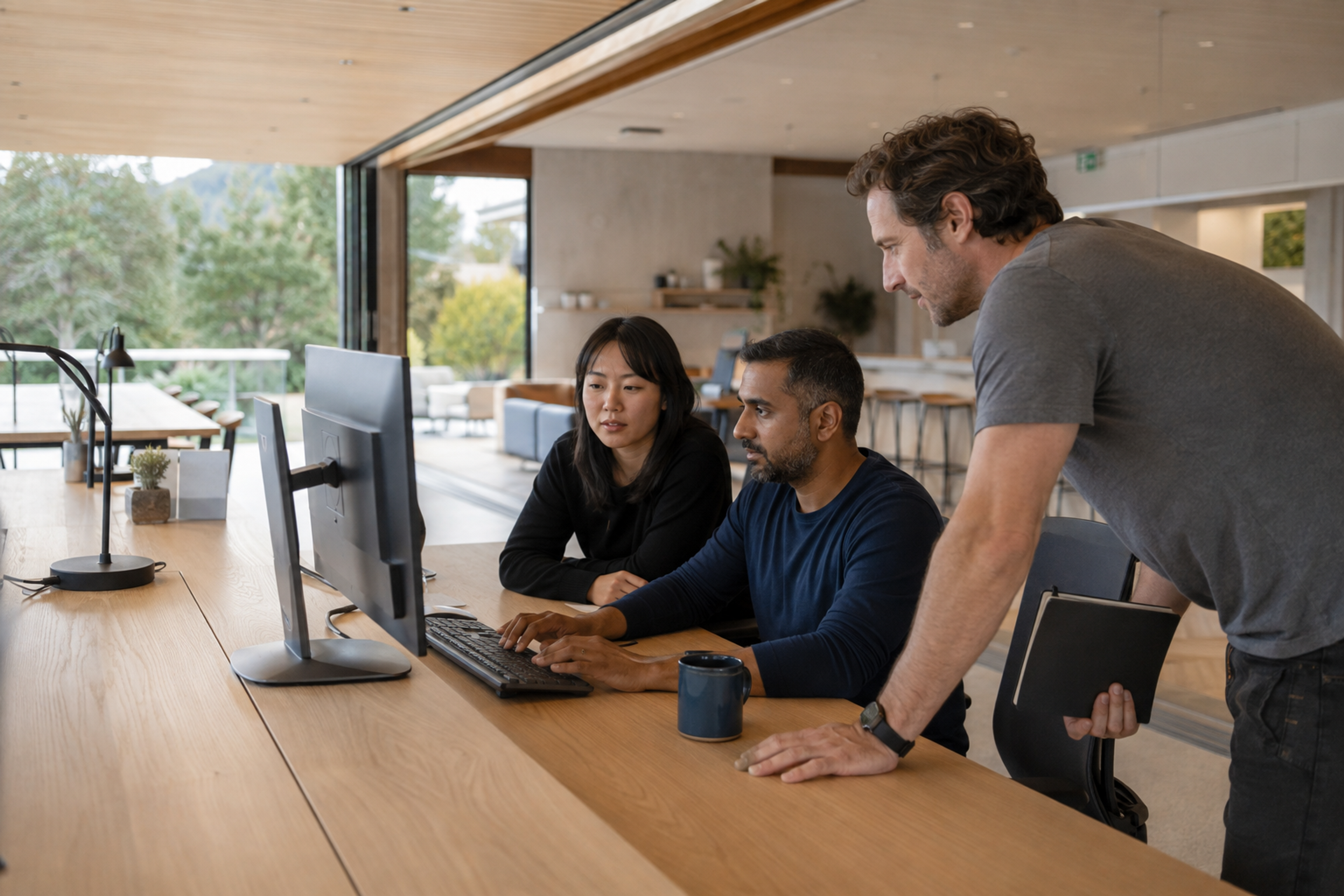 Computer-science startup employees pair-debug in a relaxed California product studio