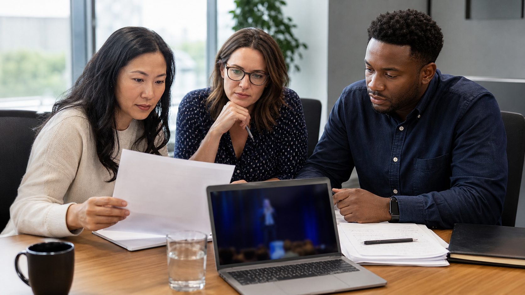 Three event planners compare a speaker proposal and keynote recording