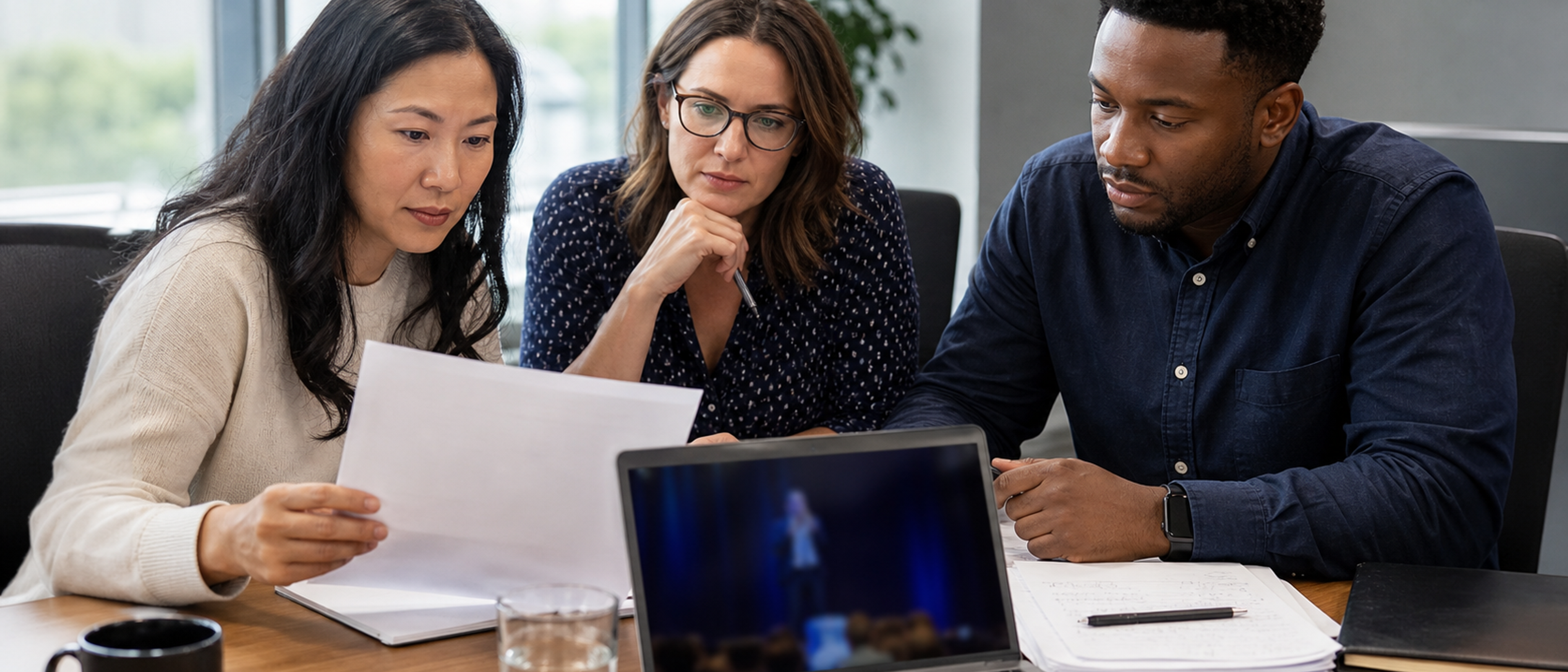 Three event planners compare a speaker proposal and keynote recording